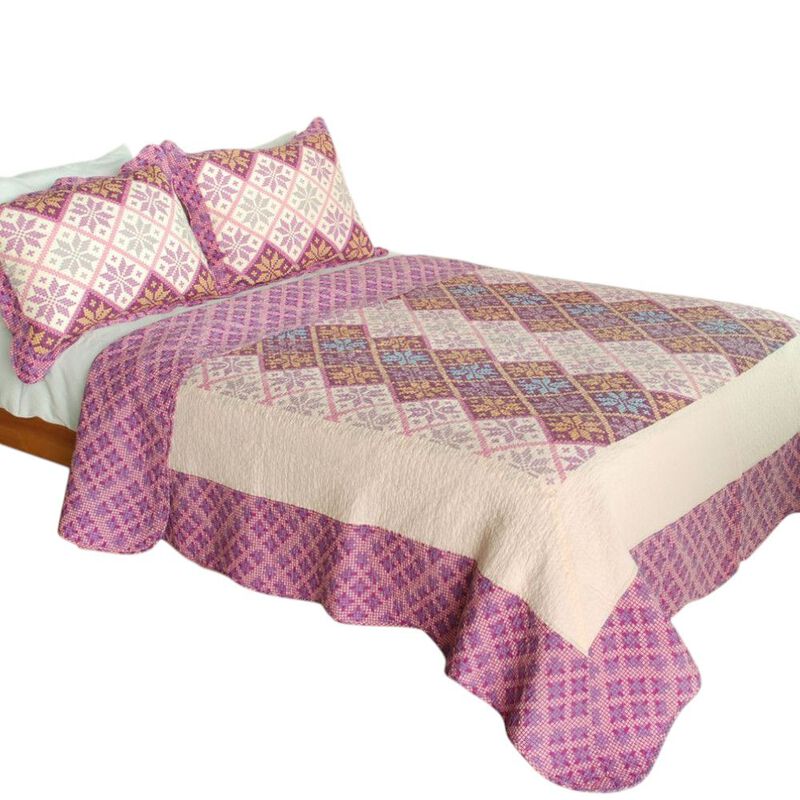 Queen Size Cotton Quilted Printed Bedding Set 3PC Vermicelli Stitch Quilt Set image number 1