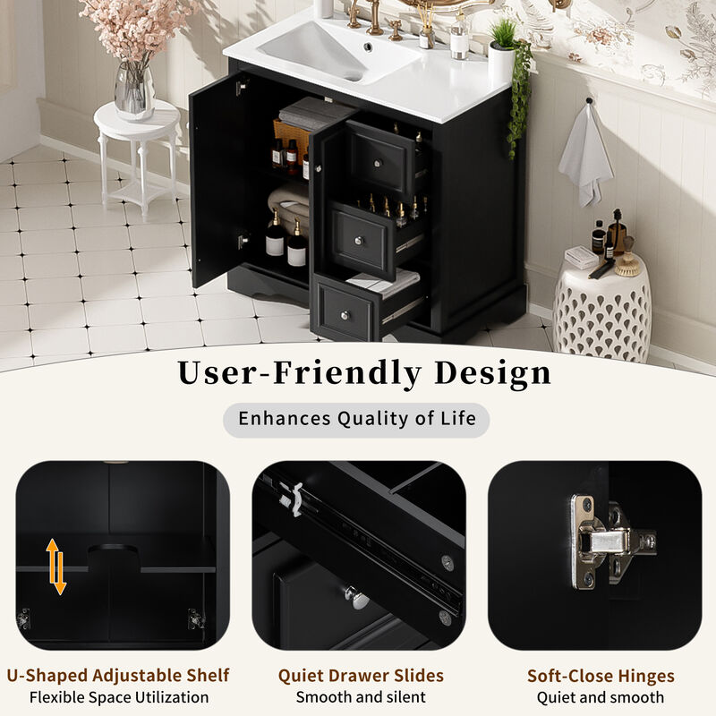 TATEUS 36-Inch Transitional Bathroom Vanity Ceramic Sink