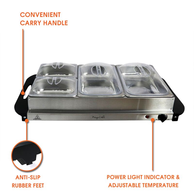 MegaChef Buffet Server & Food Warmer With 4 Removable Sectional Trays , Heated Warming Tray and Removable Tray Frame