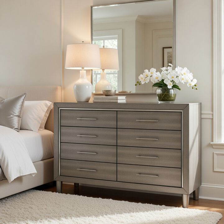 Levy 64 Inch Wide Dresser, 8 Drawers, Silver Trim, Ash Gray Laminate Wood