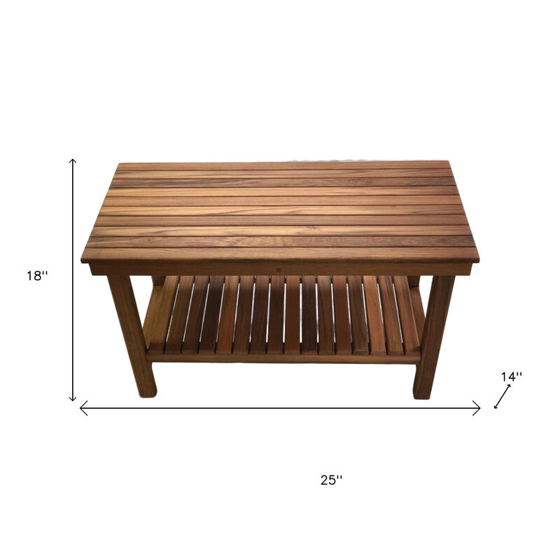 HomeRoots 18" X 25" Brown Teak Rectangular Shower Bench With Shelf image number 2