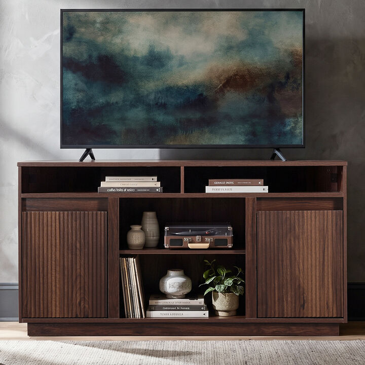 47" Dark Walnut Mid-Century Modern Wood Fluted Door Corner TV Stand Media Console with Open Shelf and Cabinet for TVs up to 50"