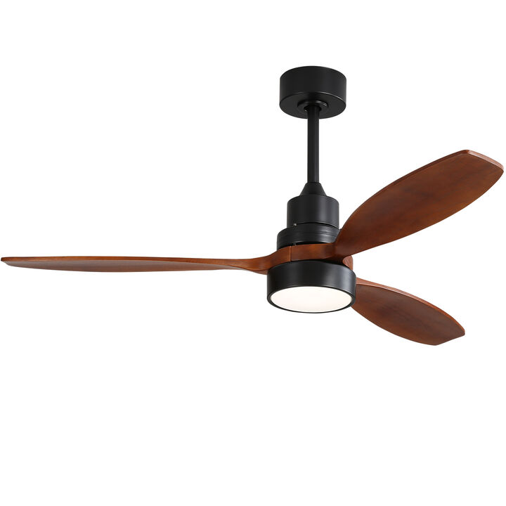 52 Inch Wooden Led Light Ceiling Fan With 3 Solid Wood Blades Remote Control Reversible DC Motor