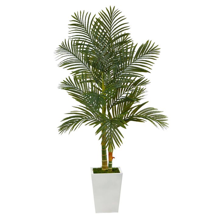 Nearly Natural 5.5-in Golden Cane Artificial Palm Tree in White Metal Planter