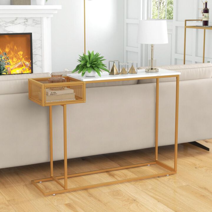 Hivvago Rectangular White Faux Marble Console Table with Storage
