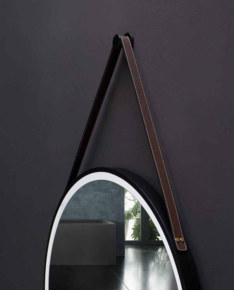 SANGLE Round LED Black Framed Mirror with Defogger and Vegan Leather Strap