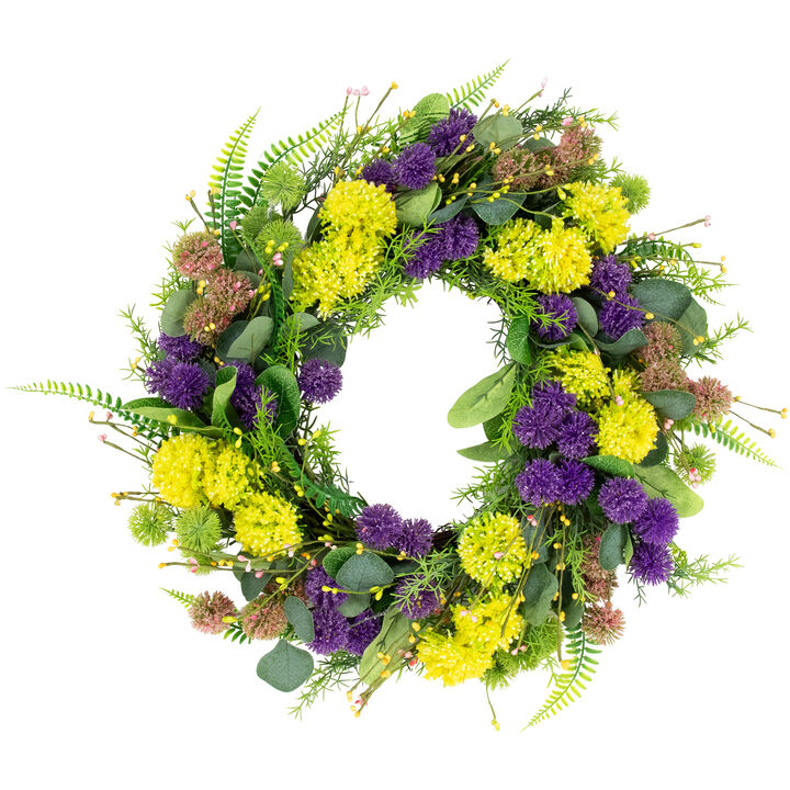 Mixed Foliage and Thistle Spring Wreath - 22" - Yellow and Purple