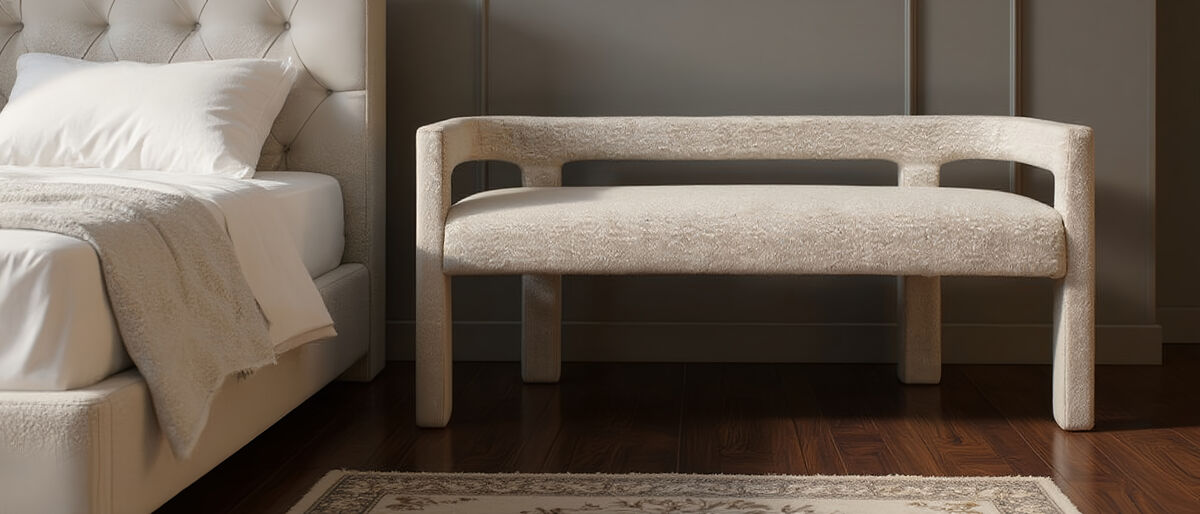 Meridian Furniture Athena Cream Boucle Fabric Bench
