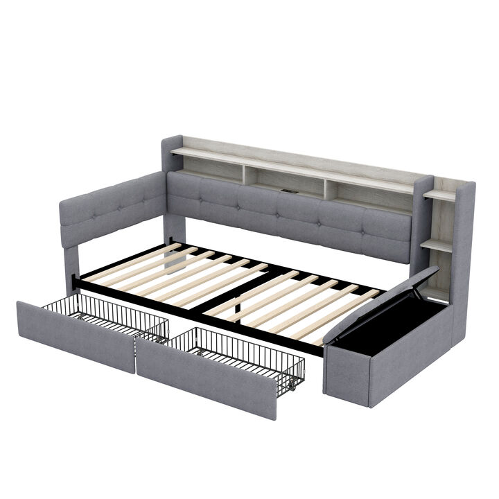 Merax Upholstery Daybed with Storage Footstool and Shelves,with Two Drawers