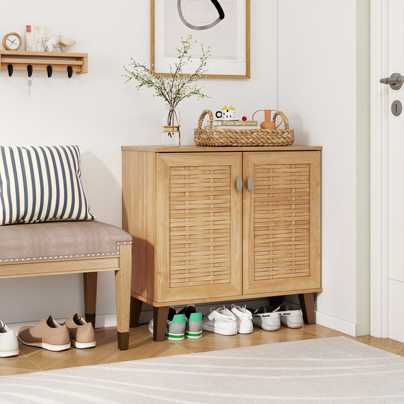 2-Door 4-Tier Shoe Cabinet Storage Organizer with Ventilated Woven Doors