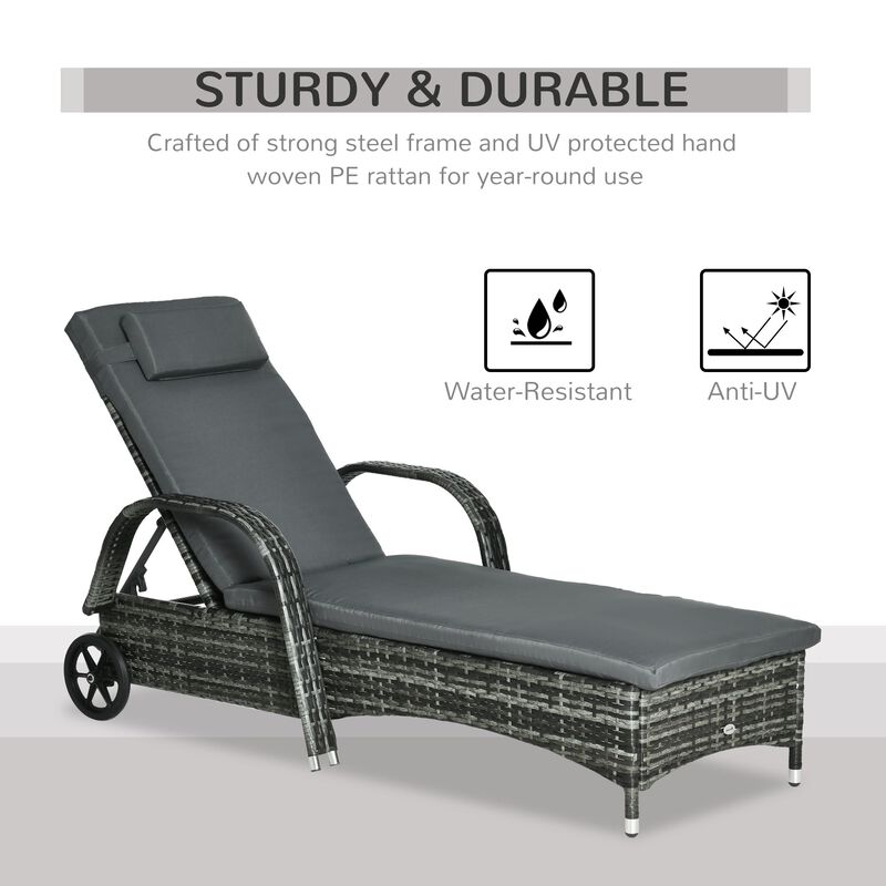 Patio Wicker Chaise Lounge, PE Rattan Outdoor Lounge Chair with Cushion, Height Adjustable Backrest & Wheels, Mixed Grey
