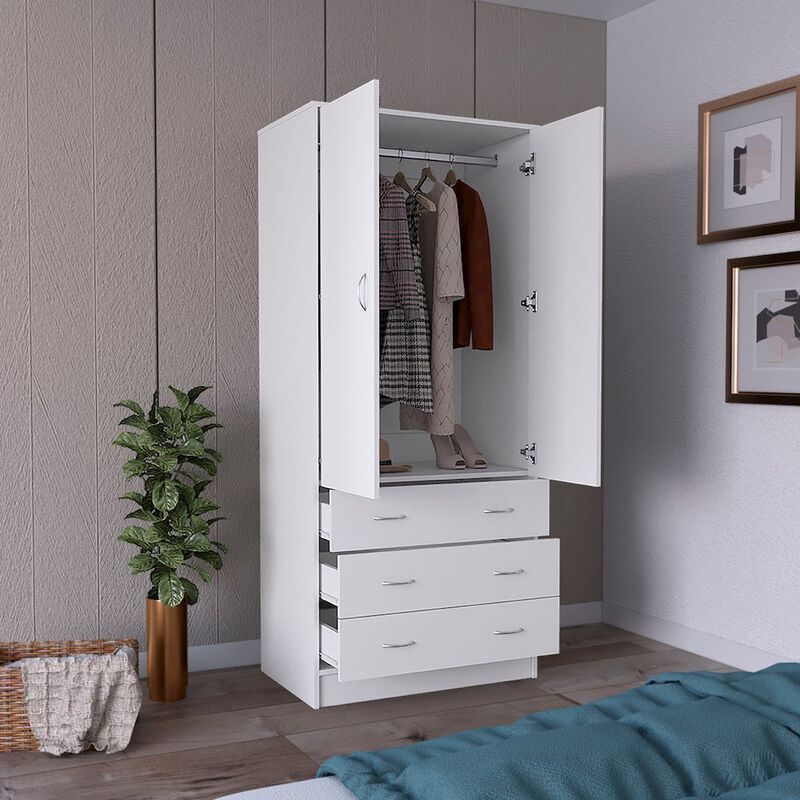 Armoire 71" H, with 2 doors, 3 drawers and 1 hanging rod, White