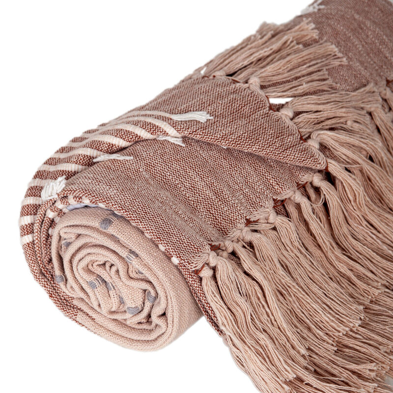 HomeRoots 50" X 60" Gray and Rust Woven Cotton Striped Throw Blanket with Fringe, Embroidery image number 3