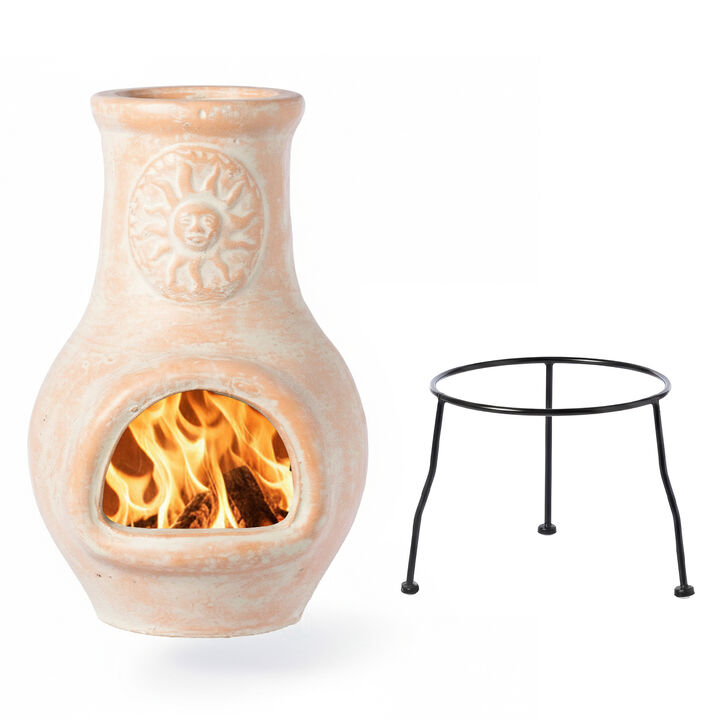 Beige Outdoor Clay Chimney Outdoor Fireplace Sun Design Charcoal Burning Fire Pit with Sturdy Metal Stand, Barbecue, Cocktail Party, Family Gathering, Cozy Nights Fire Pit