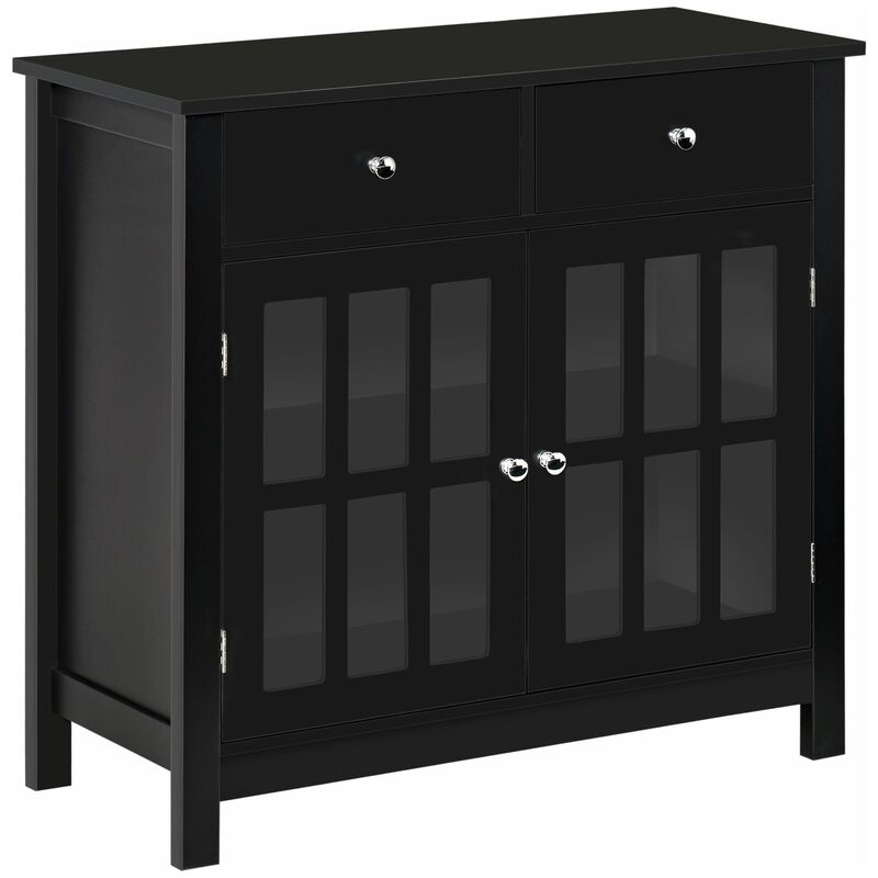 Black Dining Cabinet: Buffet with Glass Doors and 2 Drawers