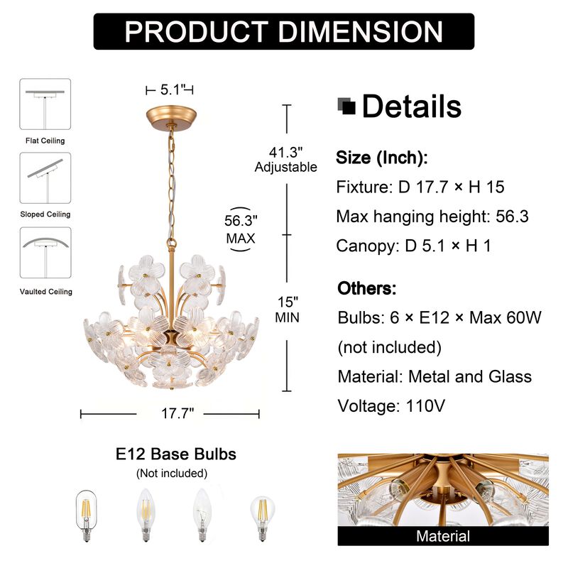 Fabiola Modern 6-Light 17.7" Glam Clear Glass Flower Chandelier-Glossy Brass image number 2