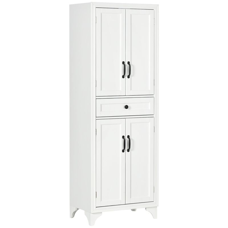 White Dining Storage: 67" Kitchen Pantry Cabinet with 4 Doors & Drawer