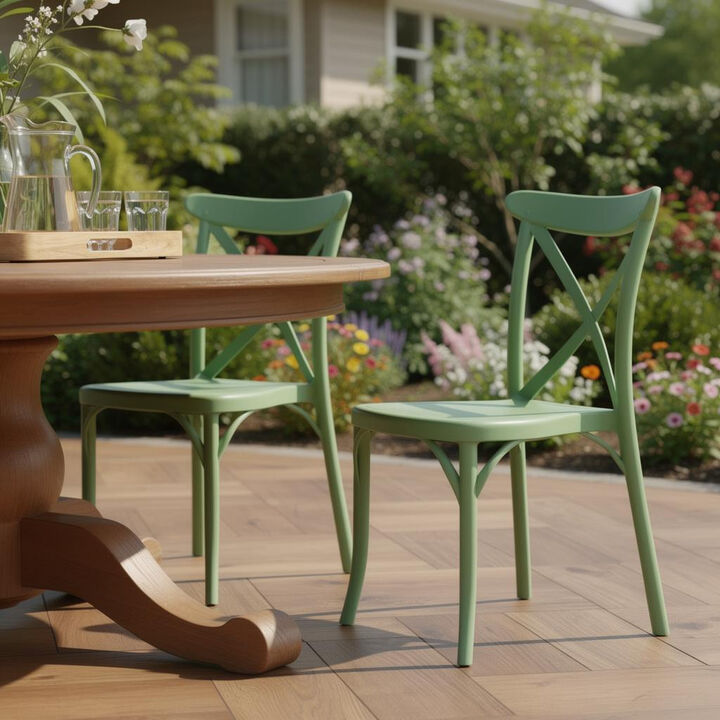 HomeRoots Set of Two Green Heavy Duty Plastic Outdoor Stacking Dining Chairs