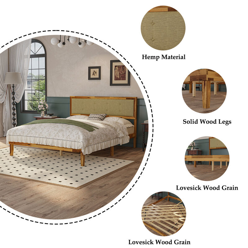 FUFU&GAGA Deep Natural Acacia Wood Upholstered Bed Frame with Linen Headboard and Plywood Slats, Queen Size Platform Bed (82.2" L x 63" W x 41.1" H), Brown