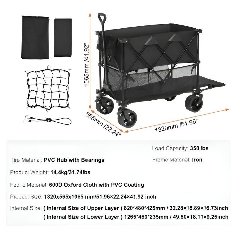 Folding Double Decker Utility Wagon Cart with All-Terrain Wheels for Beach, Garden & Camping-Black image number 2