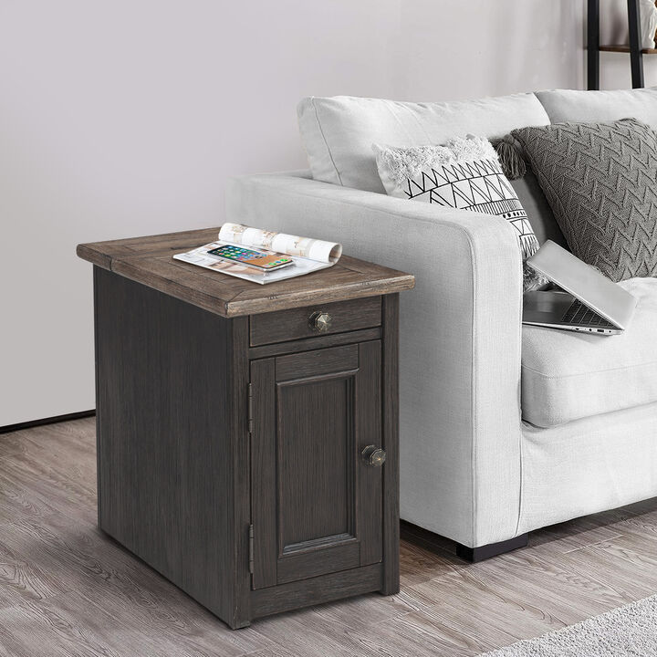 Wooden End Table with 2 USB Charging Ports, Brown-Benzara