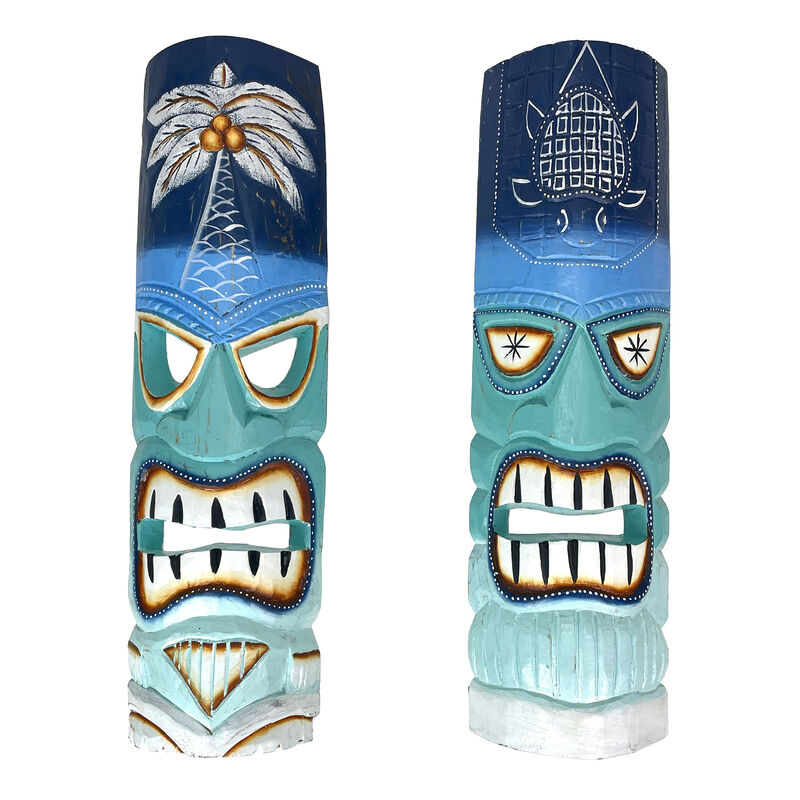 Set of 2 - 20" Blue & Green Tiki Masks Wood Wall Decor Indoor/Outdoor Accent image number 0