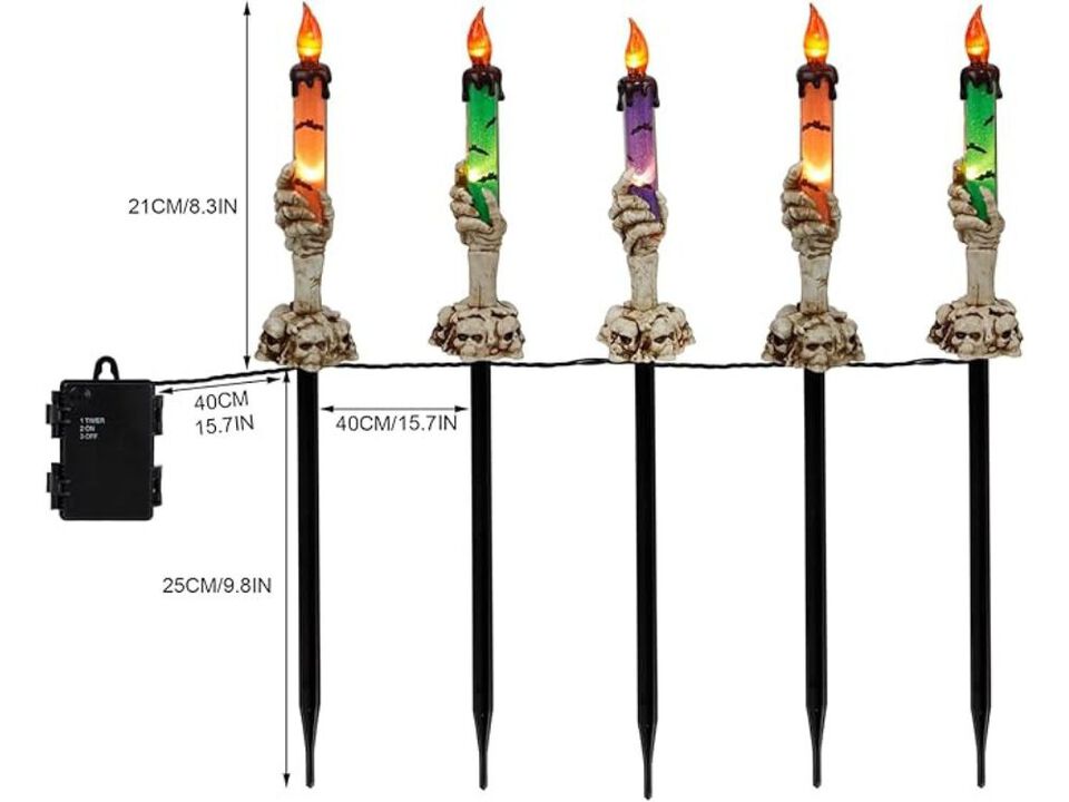 5-Pack Skeleton Hand Candle Stakes – Battery-Operated Halloween Pathway Lights with Timer for Indoor/Outdoor Party Decor
