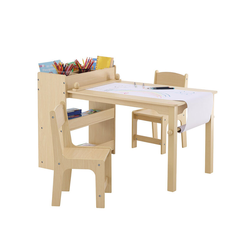Kids Art Table with 2 Chairs Wood Toddler Activity Table with Storage Cabinet