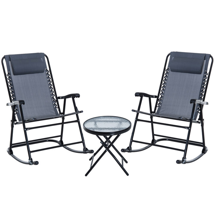 Outsunny 3 Piece Outdoor Rocking Chair Set, Patio Folding Lawn Rocker Set with Glass Coffee Table, Headrests for Yard, Patio, Deck, Backyard, Gray