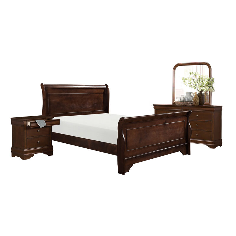 Yoshi Four Pc Queen Bedroom Set, Sleigh Style, Hidden Jewelry Drawers, Cherry Brown - Benzara