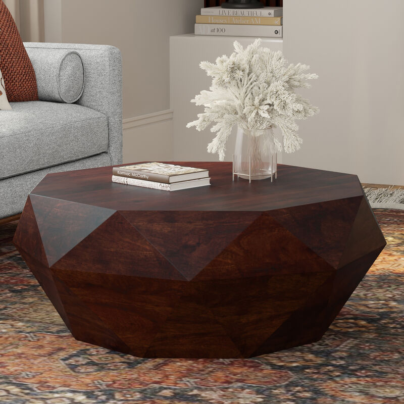 Zayn SOLID ACACIA WOOD 35 inch Wide Irregular Contemporary Coffee Table in Walnut Brown, Fully Assembled
