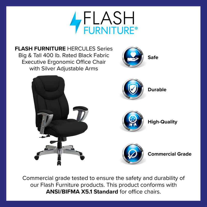 HERCULES Series Big & Tall 400 lb. Rated Black Fabric Executive Ergonomic Office Chair with Silver Adjustable Arms image number 3