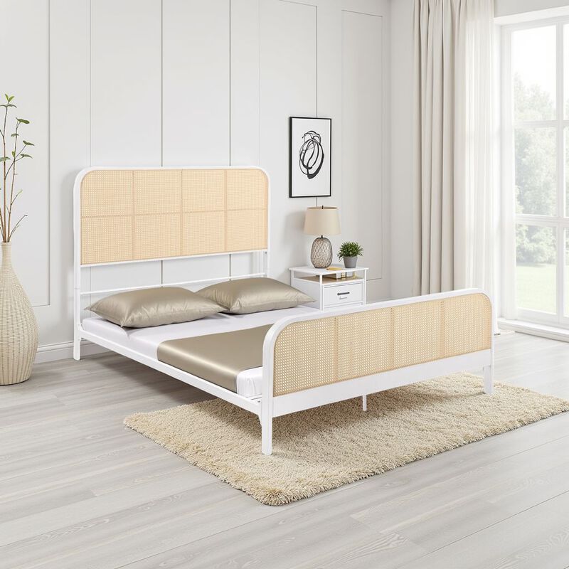 Lanie Queen Bed with Brown Open Cane Webbing Faux Rattan, White Metal  - Benzara