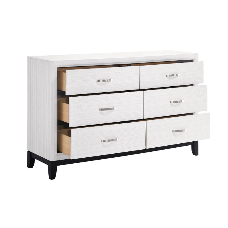 Ameya 58 Inch Wide Dresser, 6 Drawers Chrome, White Melamine, Black - Benzara