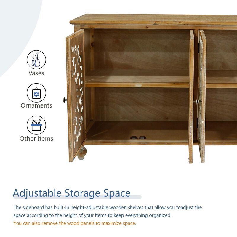 TATEUS Accent Cabinet with 4 Doors, Farmhouse Sideboard Buffet Cabinet with Storage, Modern Credenza Storage Cabinet with Wood Carved Floral Doors image number 3