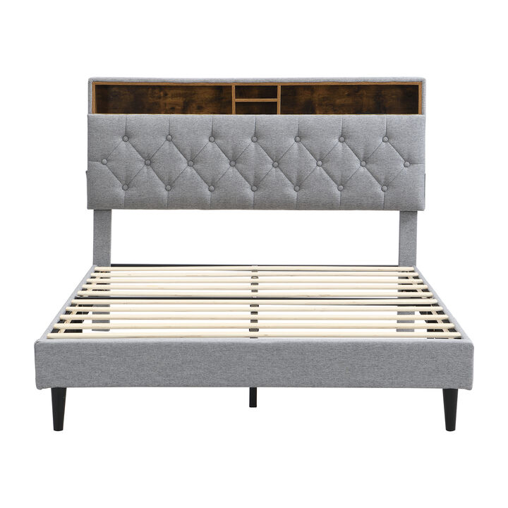 Merax Bed Frame with Storage Headboard & Built-In Charging