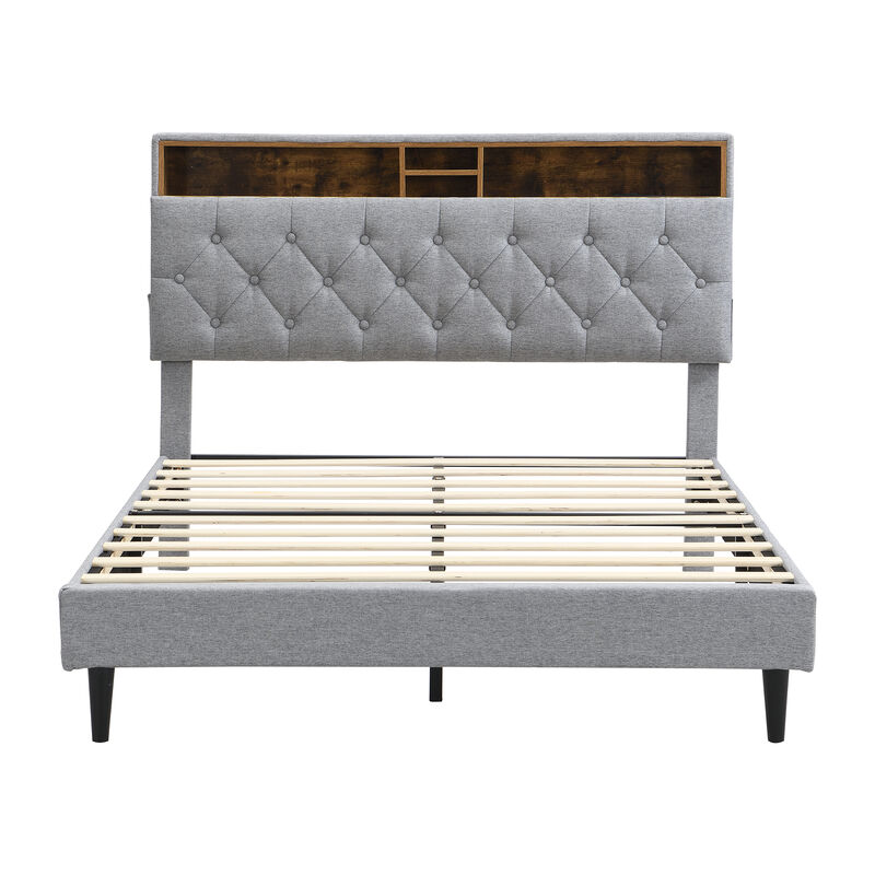 Merax Bed Frame with Storage Headboard & Built-In Charging