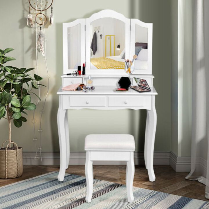 4 Drawers Wood Mirrored Vanity Dressing Table with Stool