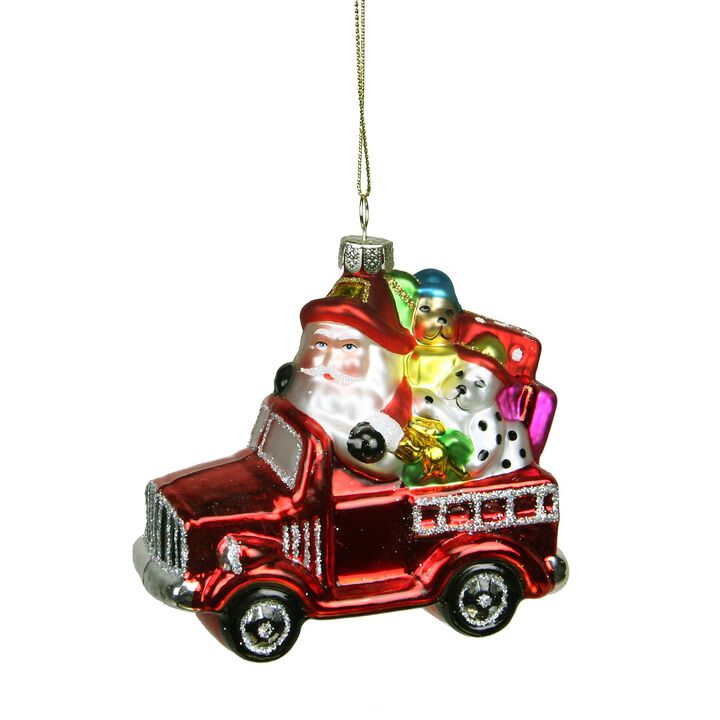 4" Red Fire Truck with Santa and Presents Glass Christmas Ornament