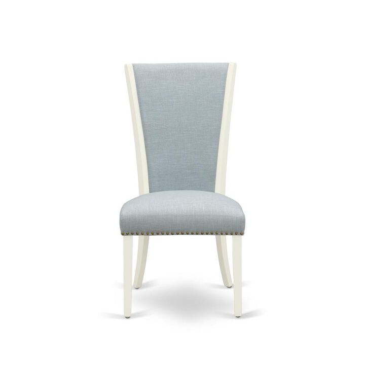 East West Furniture - Set of 2 - Dining Chair- Upholstered Chair Includes Linen White Hardwood Structure with Baby Blue Linen Fabric Seat with Nail Head and Stylish Back