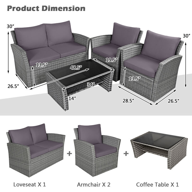 4 Pieces Patio Rattan Furniture Set Sofa Table with Storage Shelf Cushion image number 4