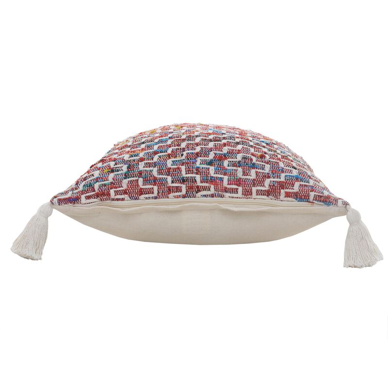 HomeRoots 20" Red Blue And Natural Geometric Polyester Blend Throw Pillow Cover with Tassels image number 3