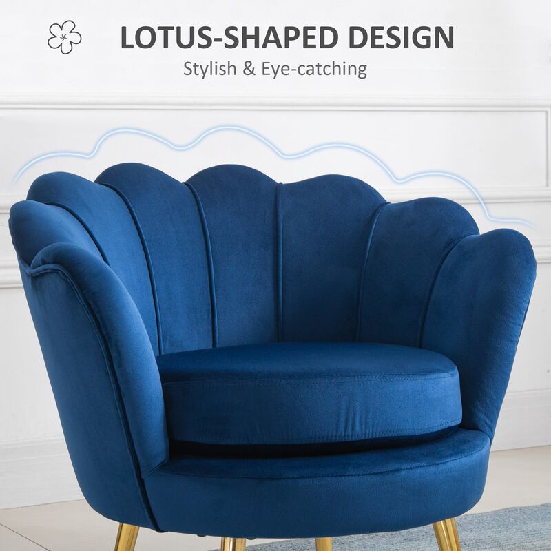 Blue Velvet Lounger: Accent Chair with Gold Metal Legs