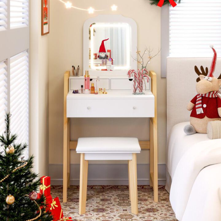 Hivvago Adjustable Height Vanity Desk Set with 3-Color LED Lighted Mirror and Drawers