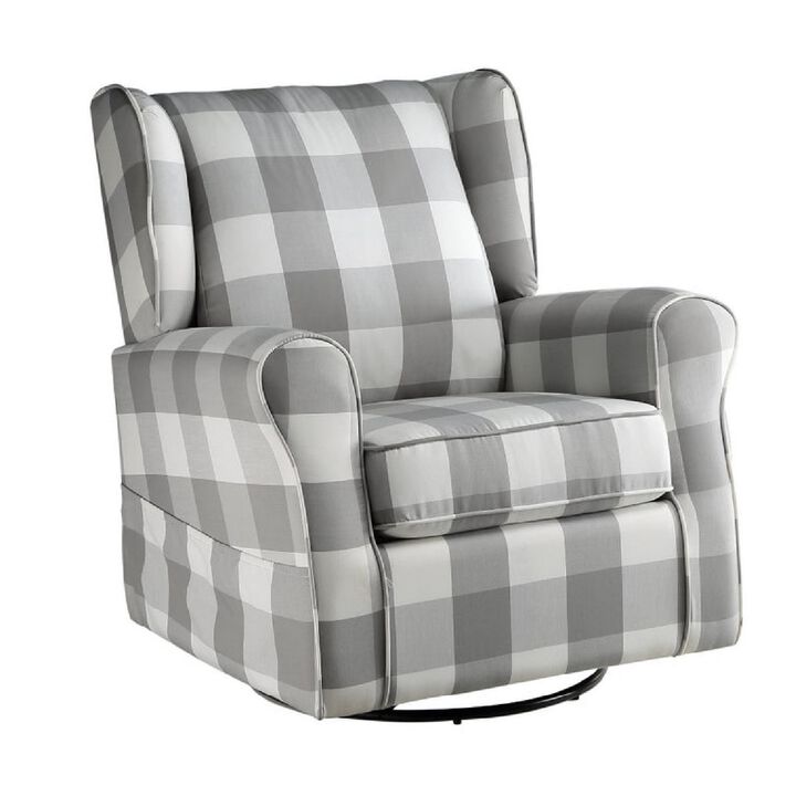 35 Inch Accent Swivel Chair, Glider, Checkered Fabric, Light Gray - Benzara