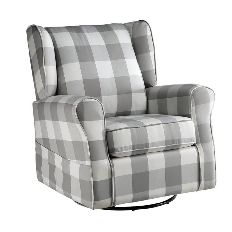 35 Inch Accent Swivel Chair, Glider, Checkered Fabric, Light Gray