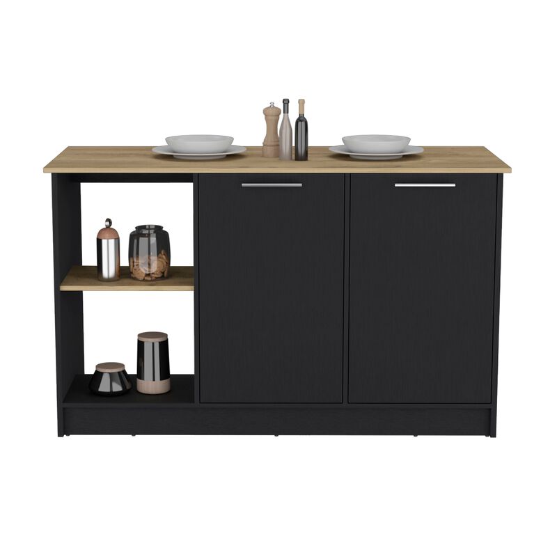 DEPOT E-SHOP Coral Kitchen Island with Large Countertop, Open Storage Shelves and Double Door Cabinet