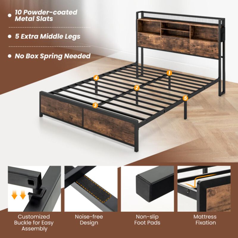 Hivvago Full/Queen Size Bed Frame with 3-Tier Bookcase Headboard and Charging Station