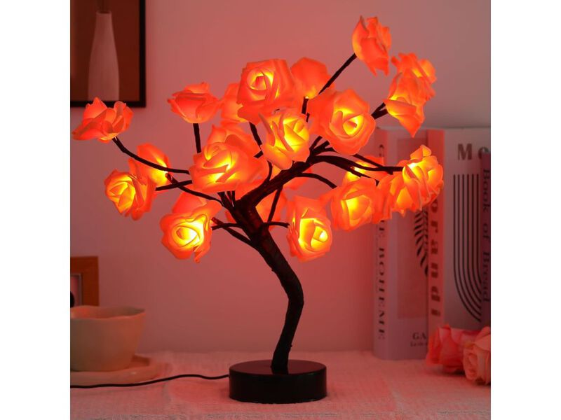 Rose Flower Tree Table Lamp LED Bonsai Night Light USB Battery Powered Orange image number 1