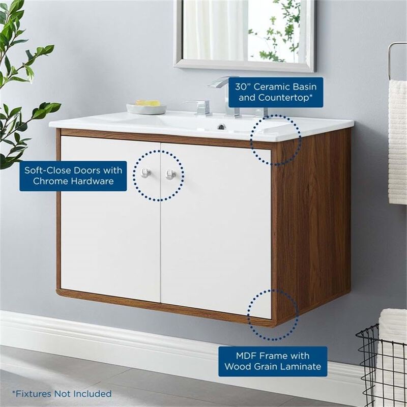 Modway Transmit Wall-Mount, 30" Bathroom Vanity, Walnut White image number 8
